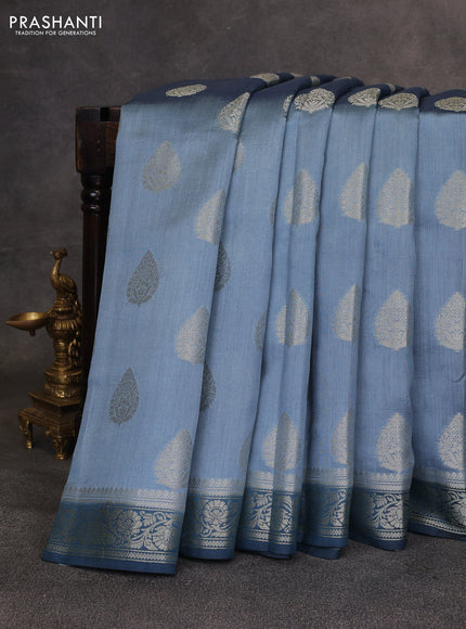 Pastel Blue & Peacock Blue Chiniya Silk Saree - Buttas