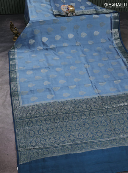 Pastel Blue & Peacock Blue Chiniya Silk Saree - Buttas