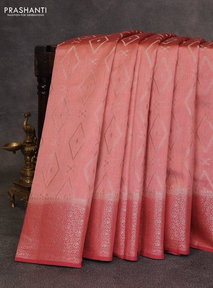 Peach & Maroon Chiniya Silk Saree - Buttas