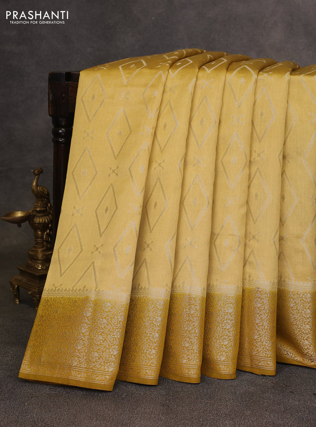Yellow & Mustard Yellow Chiniya Silk Saree - Buttas