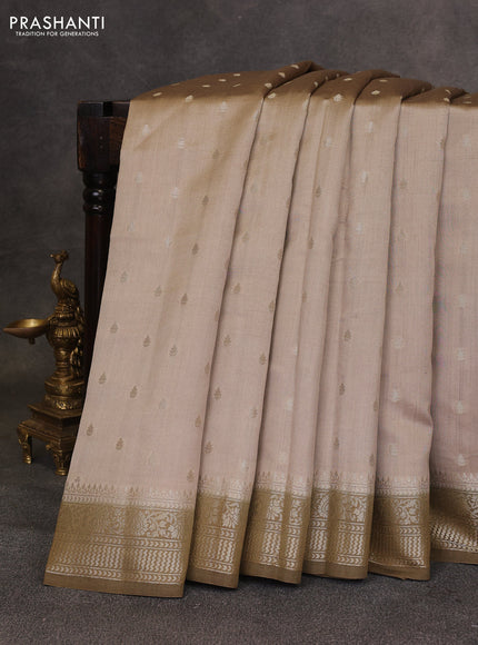 Beige & Olive Green Chiniya Silk Saree - Buttas