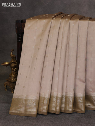 Beige & Olive Green Chiniya Silk Saree - Buttas
