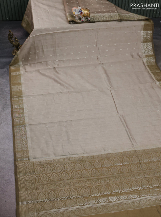 Beige & Olive Green Chiniya Silk Saree - Buttas