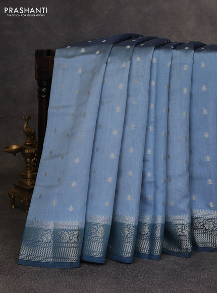 Pastel Blue & Peacock Blue Chiniya Silk Saree - Buttas