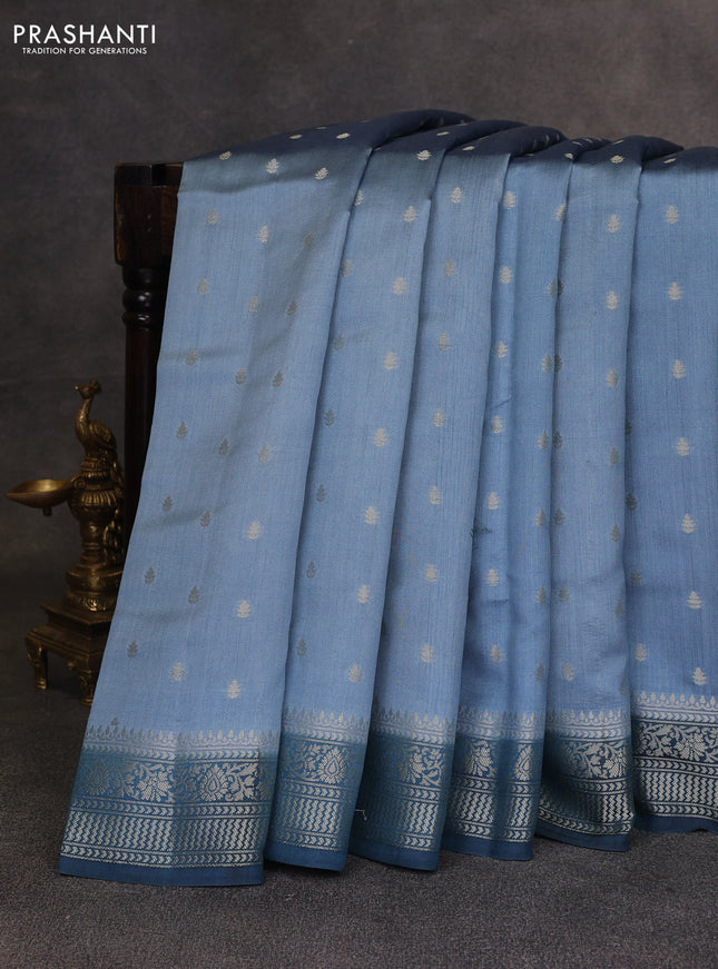 Pastel Blue & Peacock Blue Chiniya Silk Saree - Buttas