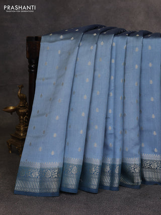 Pastel Blue & Peacock Blue Chiniya Silk Saree - Buttas