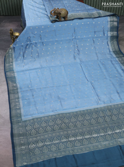 Pastel Blue & Peacock Blue Chiniya Silk Saree - Buttas