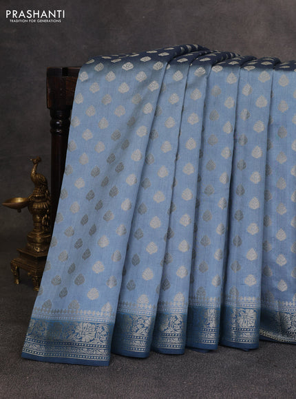 Pastel Blue & Peacock Blue Chiniya Silk Saree - Buttas