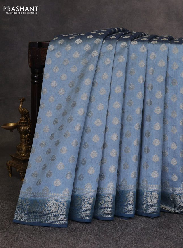 Pastel Blue & Peacock Blue Chiniya Silk Saree - Buttas