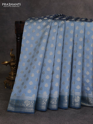 Pastel Blue & Peacock Blue Chiniya Silk Saree - Buttas
