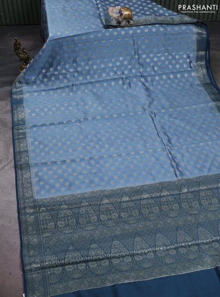 Pastel Blue & Peacock Blue Chiniya Silk Saree - Buttas