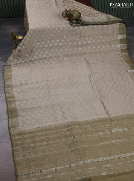 Beige & Olive Green Chiniya Silk Saree - Buttas