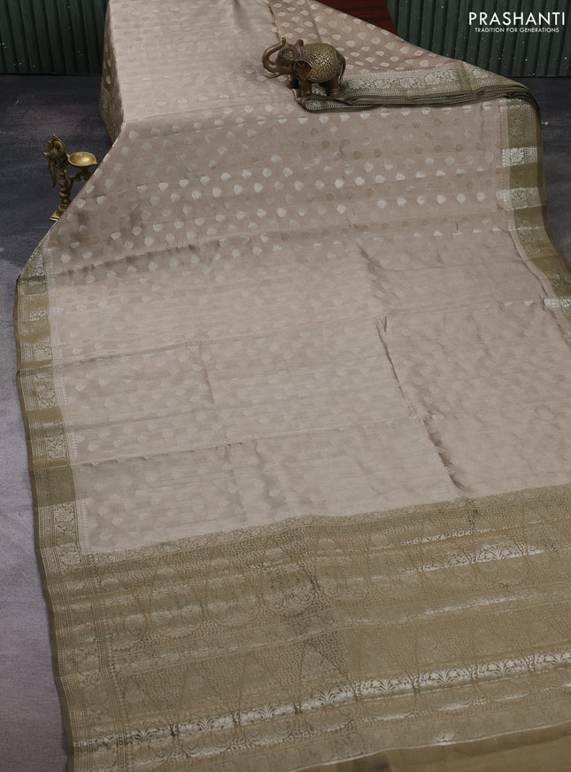 Beige & Olive Green Chiniya Silk Saree - Buttas