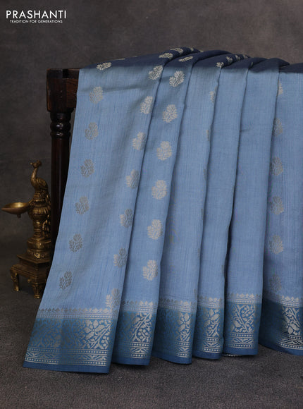 Pastel Blue & Peacock Blue Chiniya Silk Saree - Buttas