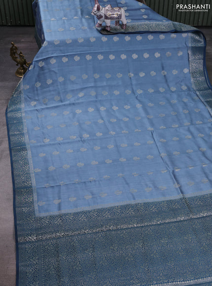Pastel Blue & Peacock Blue Chiniya Silk Saree - Buttas