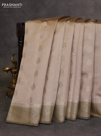 Beige & Olive Green Chiniya Silk Saree - Buttas