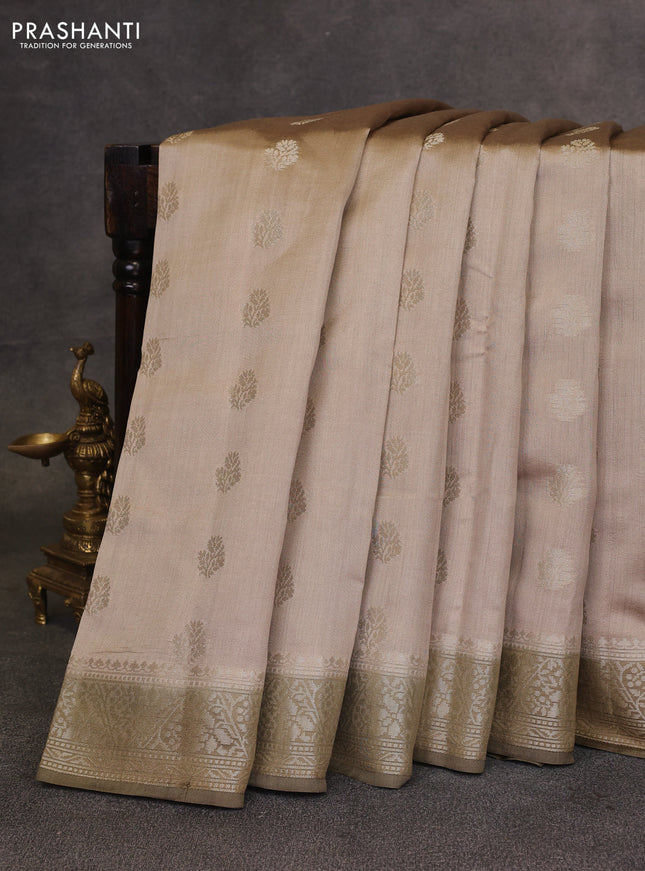 Beige & Olive Green Chiniya Silk Saree - Buttas