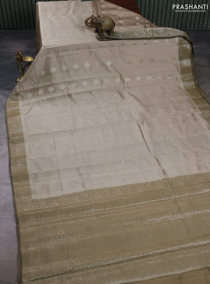 Beige & Olive Green Chiniya Silk Saree - Buttas