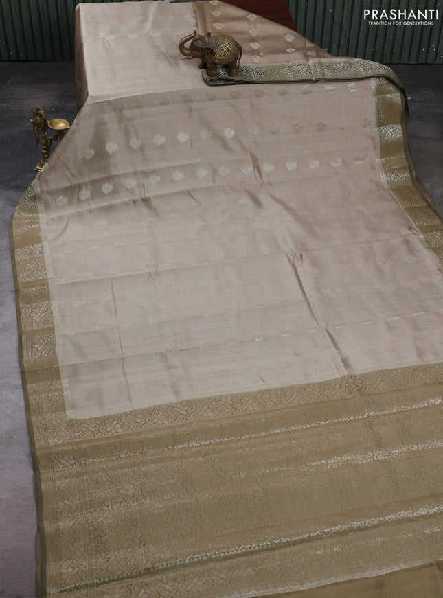 Beige & Olive Green Chiniya Silk Saree - Buttas