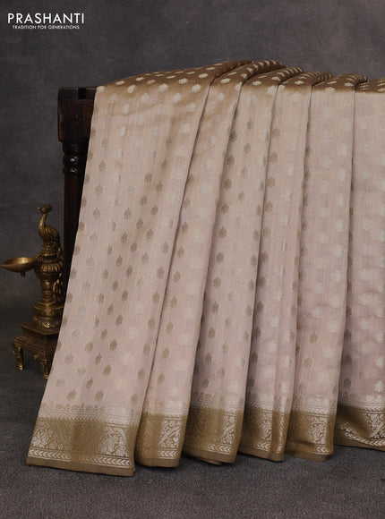 Beige & Olive Green Chiniya Silk Saree - Buttas