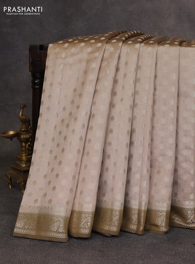 Beige & Olive Green Chiniya Silk Saree - Buttas