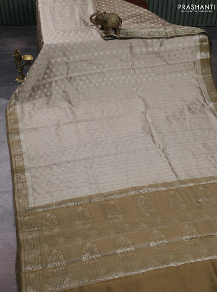 Beige & Olive Green Chiniya Silk Saree - Buttas