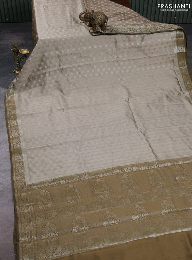 Beige & Olive Green Chiniya Silk Saree - Buttas