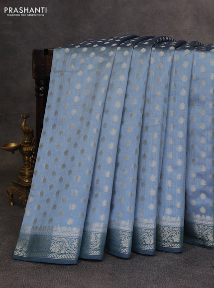 Pastel Blue & Peacock Blue Chiniya Silk Saree - Buttas