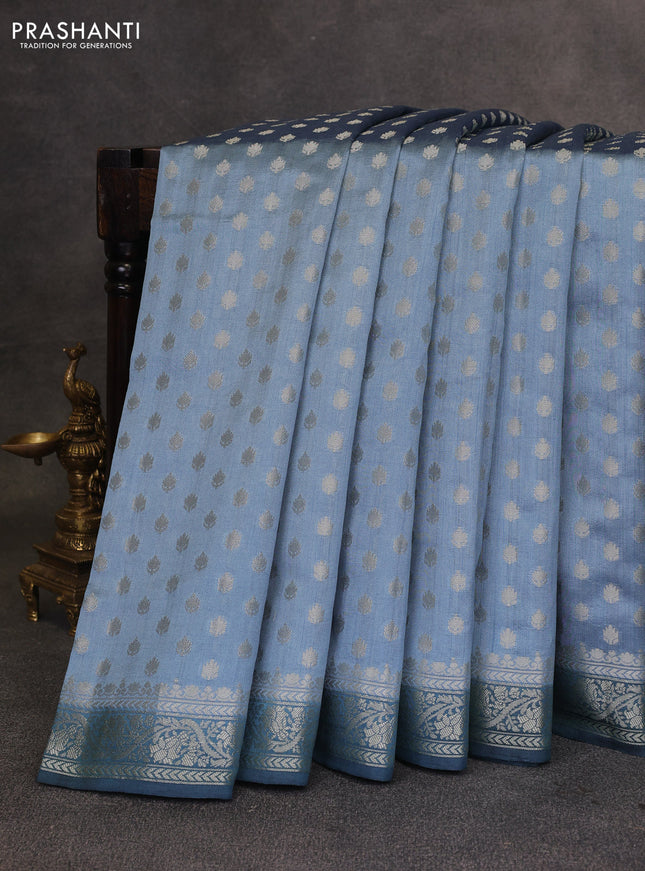 Pastel Blue & Peacock Blue Chiniya Silk Saree - Buttas