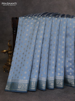 Pastel Blue & Peacock Blue Chiniya Silk Saree - Buttas