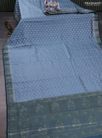 Pastel Blue & Peacock Blue Chiniya Silk Saree - Buttas