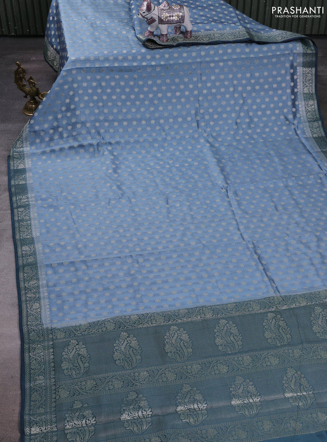 Pastel Blue & Peacock Blue Chiniya Silk Saree - Buttas