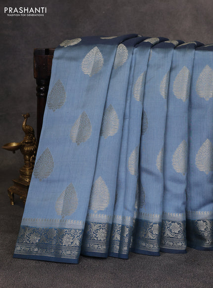 Pastel Blue & Peacock Blue Chiniya Silk Saree - Buttas