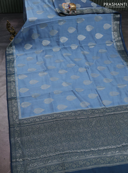 Pastel Blue & Peacock Blue Chiniya Silk Saree - Buttas