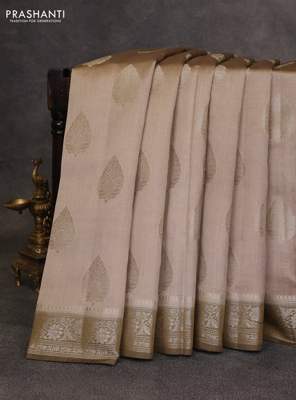 Beige & Olive Green Chiniya Silk Saree - Buttas