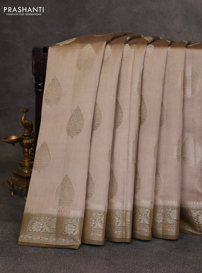 Beige & Olive Green Chiniya Silk Saree - Buttas
