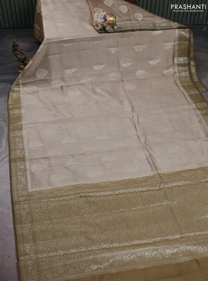 Beige & Olive Green Chiniya Silk Saree - Buttas