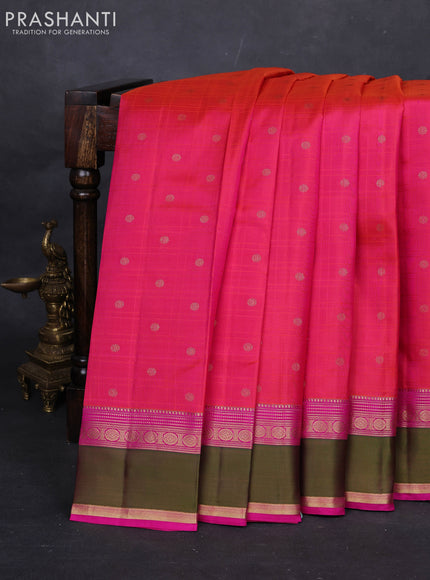 Orange & Pink Pure Kanchipuram Silk-Self emboss