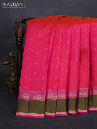 Orange & Pink Pure Kanchipuram Silk-Self emboss