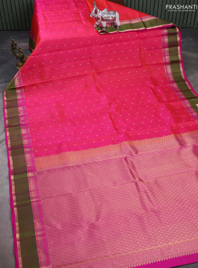 Orange & Pink Pure Kanchipuram Silk-Self emboss