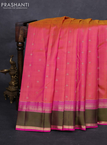 Mustard & Pink Pure Kanchipuram Silk-Self emboss
