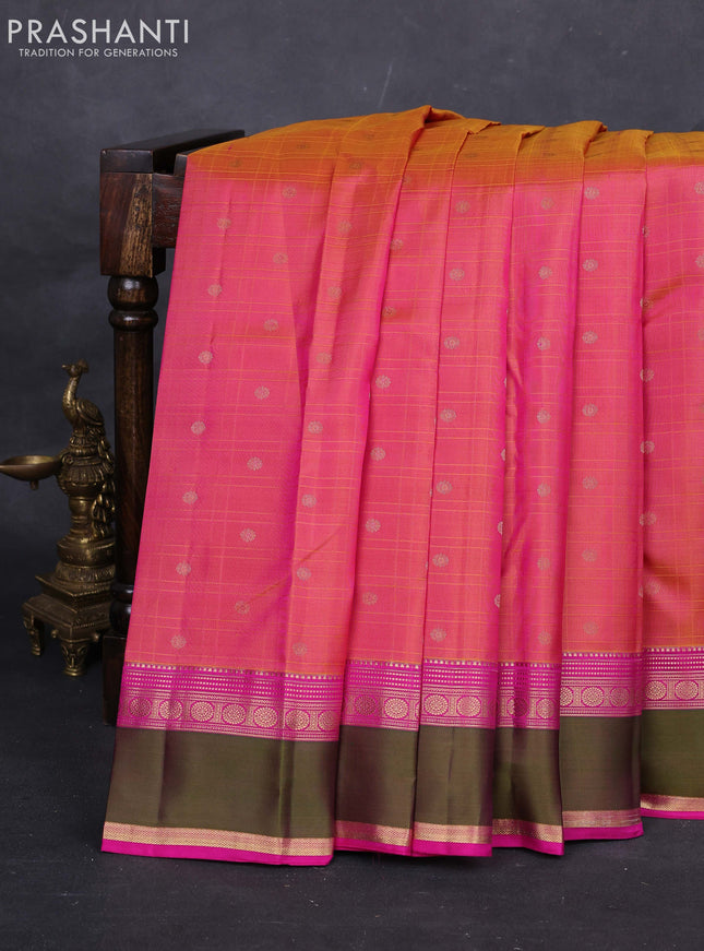 Mustard & Pink Pure Kanchipuram Silk-Self emboss
