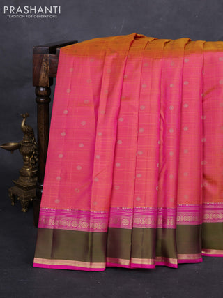 Mustard & Pink Pure Kanchipuram Silk-Self emboss