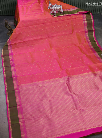 Mustard & Pink Pure Kanchipuram Silk-Self emboss