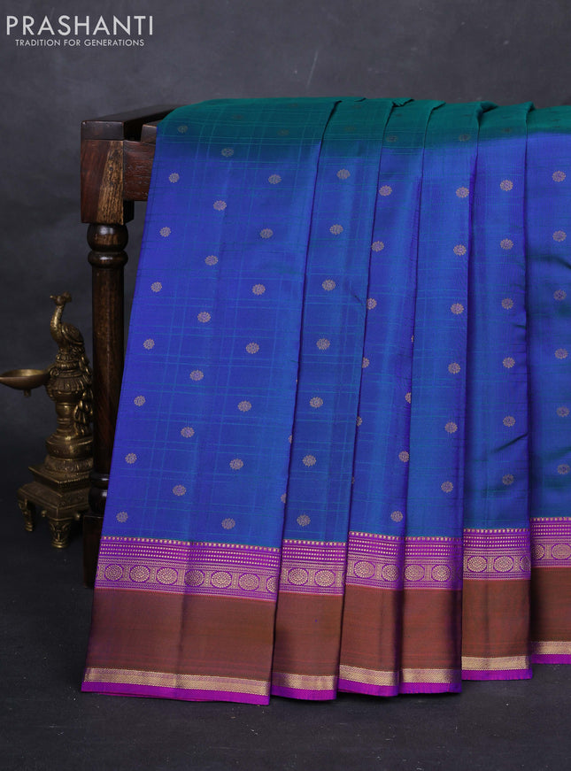 Peacock blue & Purple Pure Kanchipuram Silk-Self emboss