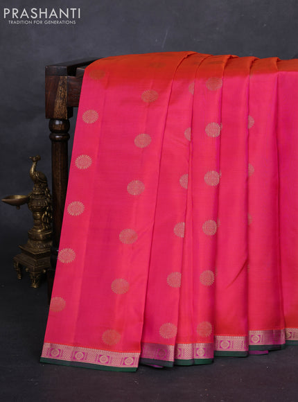 Peach Pink & Green Pure Kanchipuram Silk-Butta