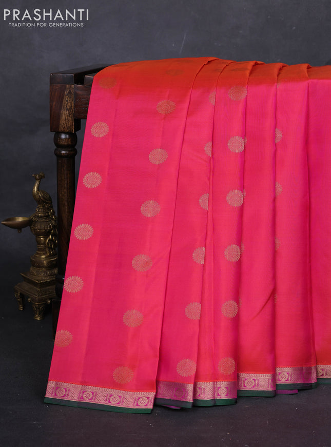 Peach Pink & Green Pure Kanchipuram Silk-Butta