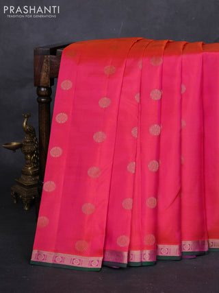 Peach Pink & Green Pure Kanchipuram Silk-Butta