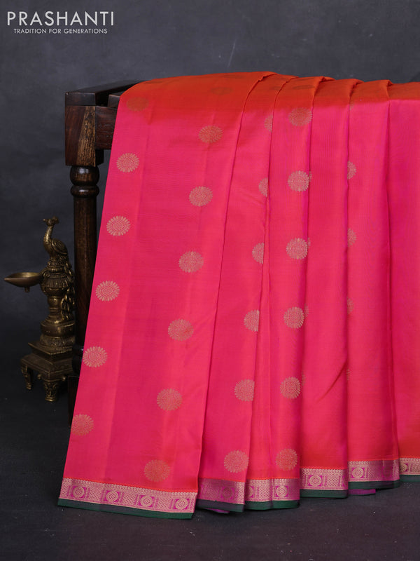 Peach Pink & Green Pure Kanchipuram Silk-Butta