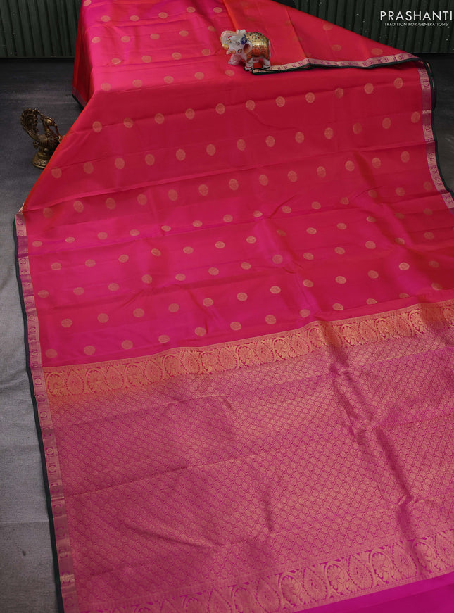 Peach Pink & Green Pure Kanchipuram Silk-Butta